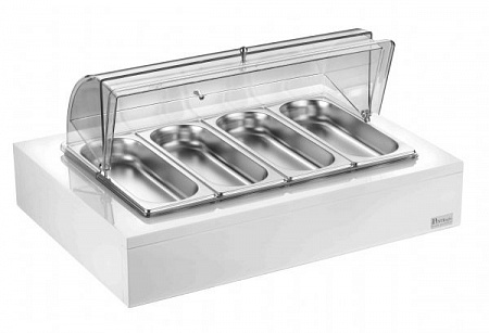 Подставка с 4-я GN1/4-65 для охлажд. прод. с крышк. Roll-Top поликарб. на дерев. подст. белый Pinti