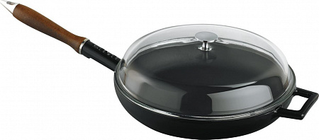 Сковорода d=28 см. чугун, черная, ручка дерево, крышка стекло LAVA